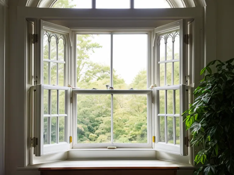 Blick aus einem Fenster in Potsdam auf die grünen Bäume des Parks Sanssouci im Sommer.