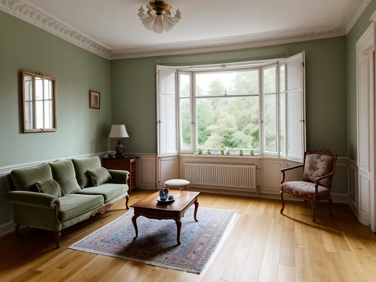 Blick aus einer Potsdamer Wohnung auf den Sanssouci Park mit einem Sessel im Vordergrund.