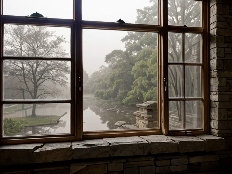 Blick aus einem Fenster auf den Park Sanssouci bei Dämmerung mit Büchern auf der Fensterbank.