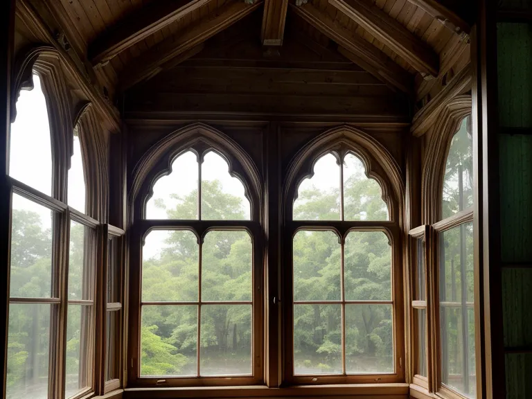Ein Fenster mit Regentropfen und Blick auf einen Park, daneben alte Bücher.
