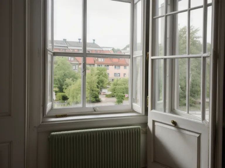 Blick aus einem Fenster in Potsdam auf den nebligen Sanssouci Park.