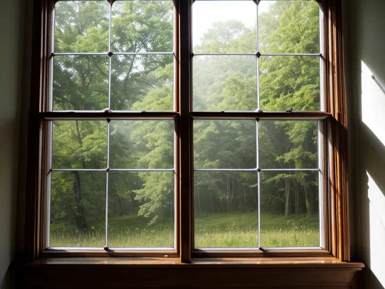 Blick aus einem Potsdamer Fenster auf den nebligen Park Sanssouci am Morgen.