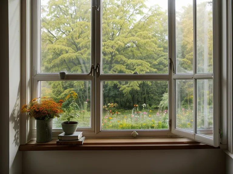 Blick aus einem Fenster auf den Sanssouci-Park mit Büchern auf der Fensterbank.