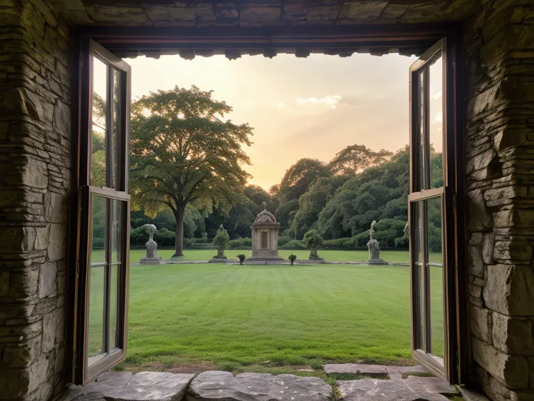 Blick aus einer Potsdamer Wohnung auf den Sanssouci Park in der Abenddämmerung.