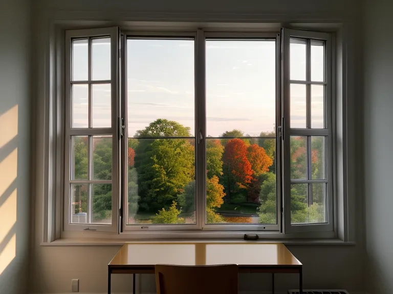 Blick aus einem Fenster in Potsdam auf den Park Sanssouci in der Abenddämmerung.