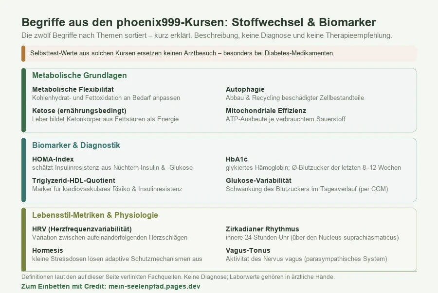 Übersicht der zwölf Stoffwechsel- und Biomarker-Begriffe aus den phoenix999-Kursen in drei Gruppen: metabolische Grundlagen, Biomarker und Diagnostik sowie Lebensstil-Metriken, jeweils kurz erklärt; mit Hinweis, dass Selbsttest-Werte keinen Arztbesuch ersetzen